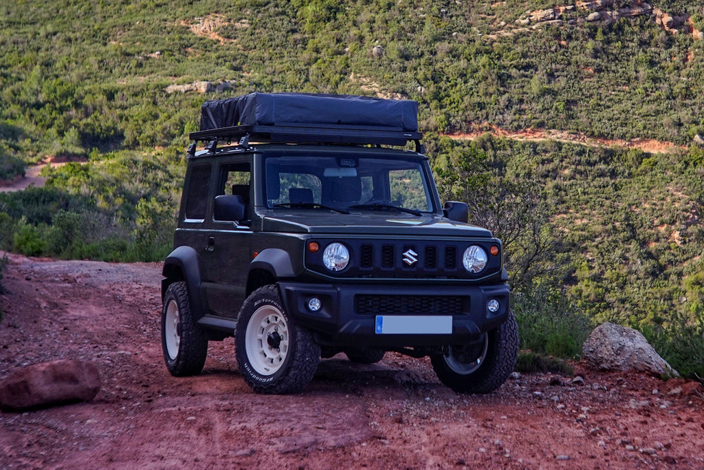Suzuki Jimny (2018+) with 16" HIGH PEAK J-01 wheels with standard suspension set-up and a Front Runner Roof Rack street track life JimnyStyle