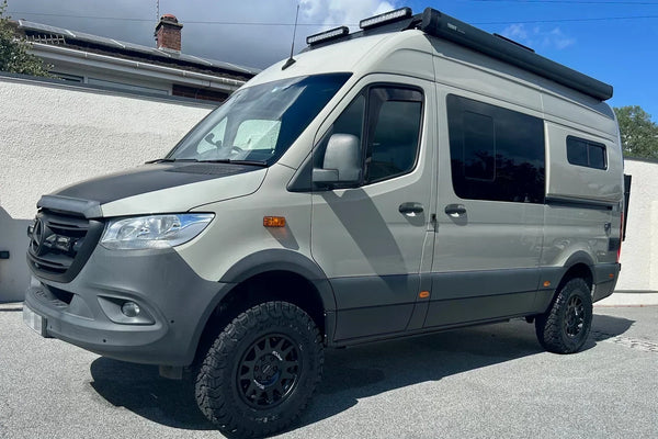 Mercedes Sprinter (2007+) with 16" EVO Corse DakarZero wheels in Matte Black with BF Goodrich KO3 tyres in a 265/75R16 size