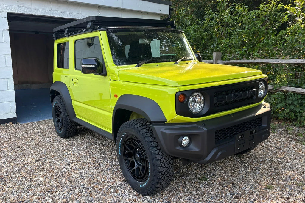 Kinetic Yellow Suzuki Jimny (2018+) with Satin Black Magpie M-01 wheels and BF Goodrich KO3 tyres