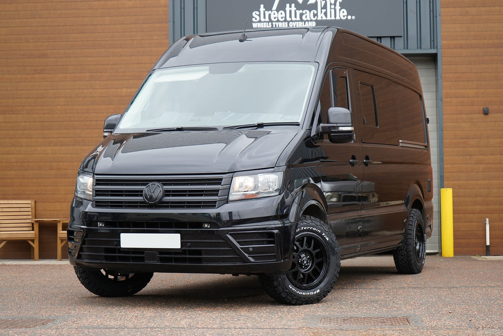 Black VW Crafter (2017+) with 17" Tomahawk Kato Wheels and BF Goodrich KO2 tyres in a 245/65R17 size