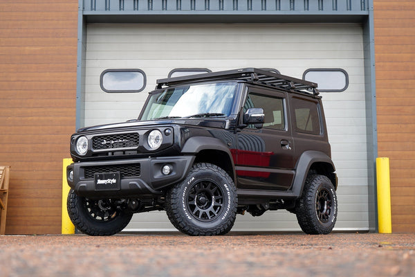 Suzuki Jimny (2018+) with EVO Corse DakarZero wheels, all JIMNYSTYLE LED Lighting upgrades (smoked) along with JIMNYSTYLE +40mm lift kit